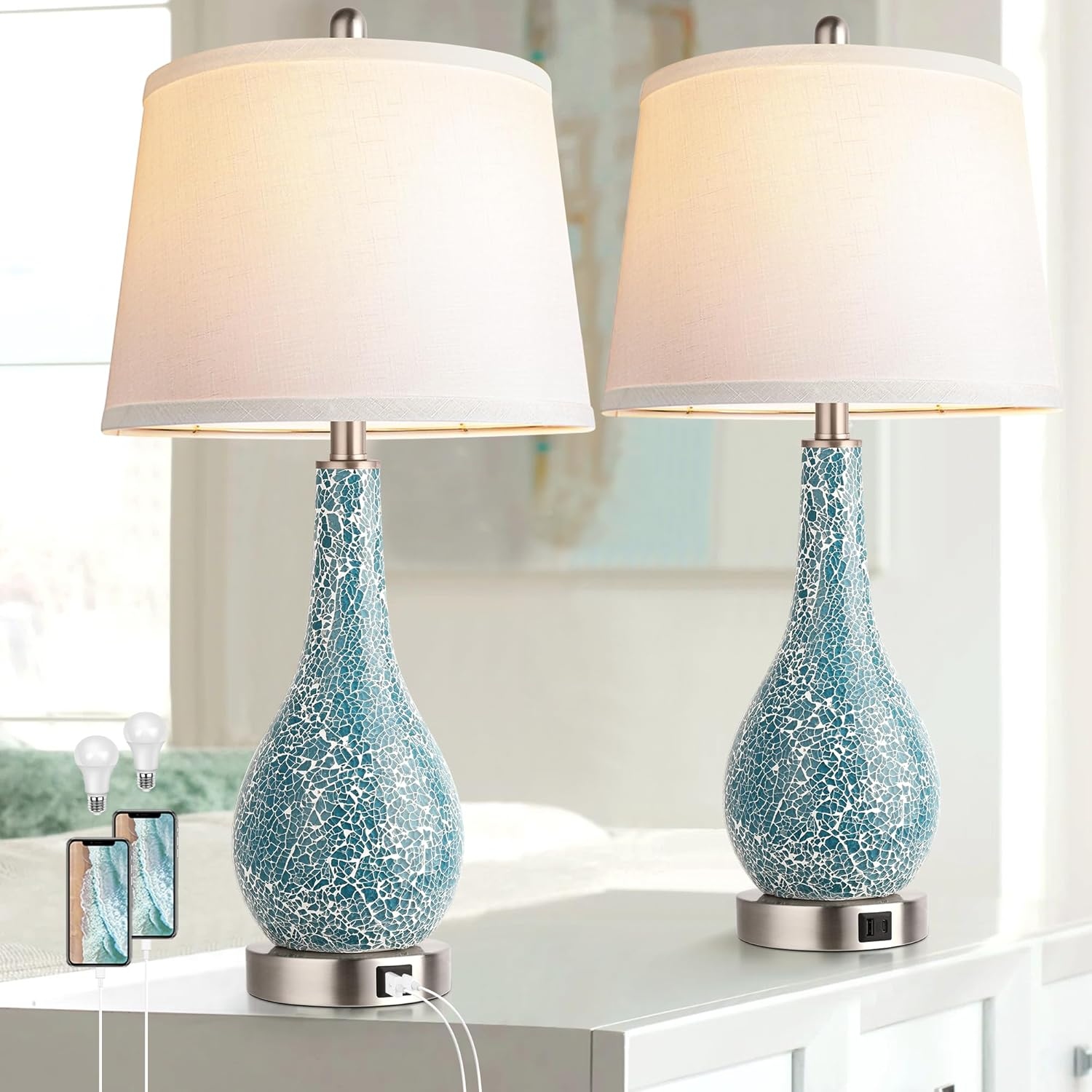 Blue Table Lamps for Bedroom Set of 2 with USB A C Ports 26 Coastal Large Nightstand Lamp White Shade LED Bulb Included On Sale Bed Bath Beyond 42459852